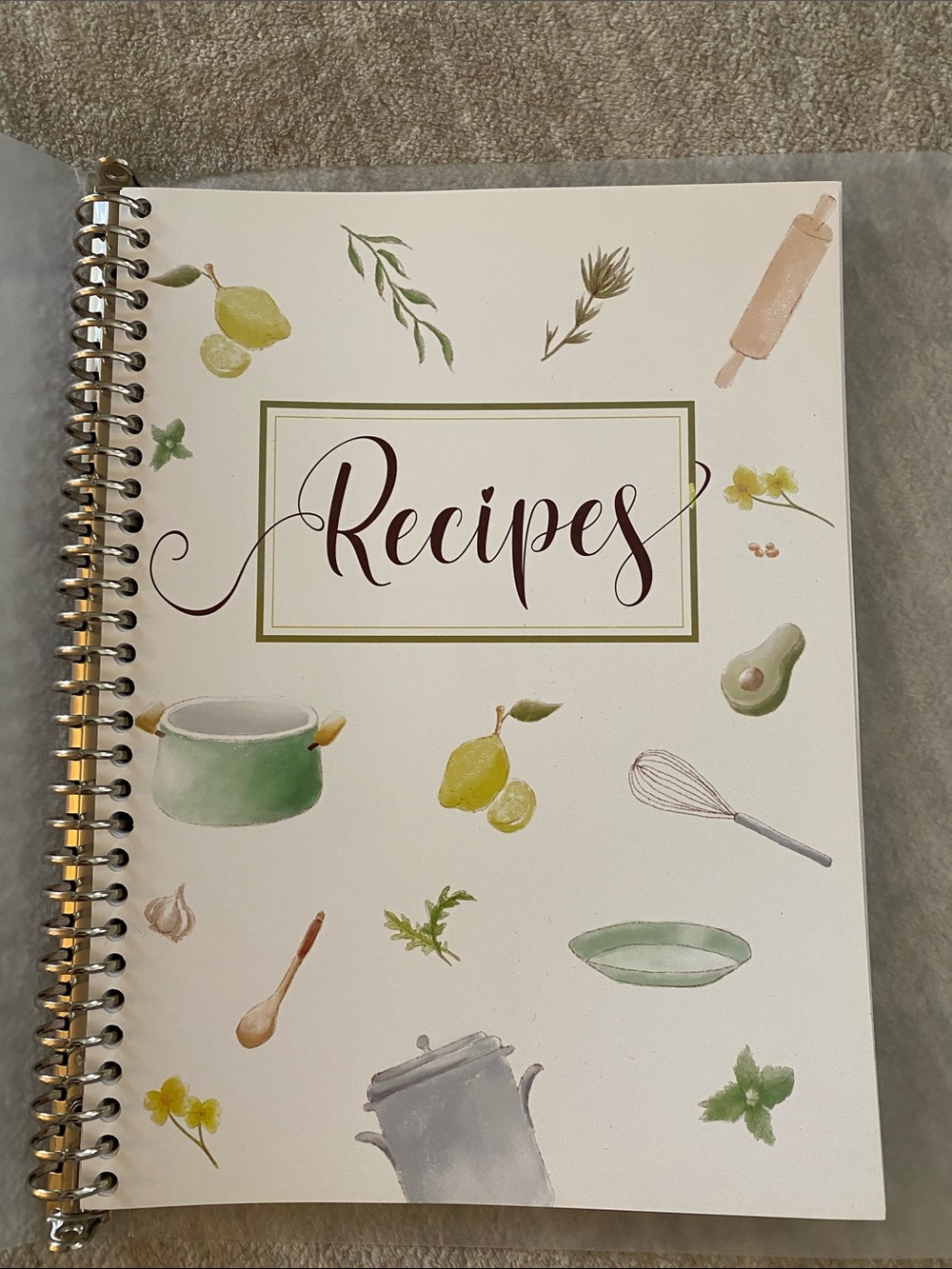 Recipe Notebook - White & Green Illustrated Cover total 120 pages double sided.